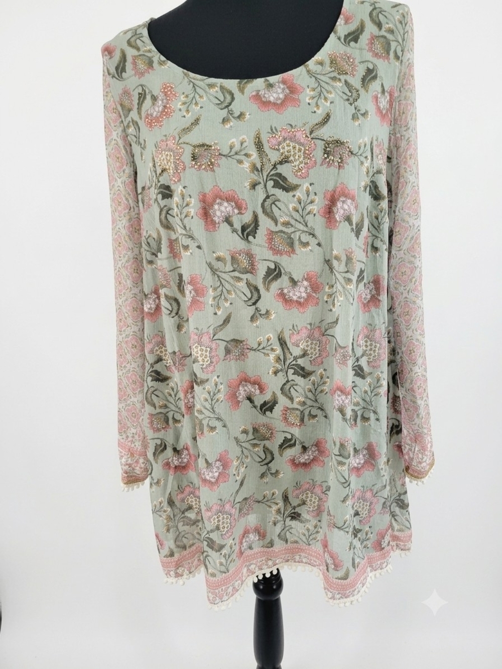 ONE WORLD Sage Green Floral Blouse with Pink Accents